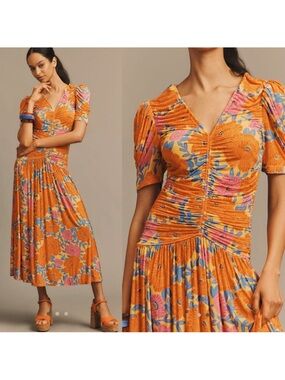 Farm Rio Anthropologie Short-Sleeve V-Neck Ruched Dress Orange Size Medium NWT